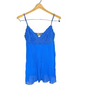Vintage y2K Babydoll Blue Lace Ruched Lingerie Slip Dress 100% Cotton Size L
